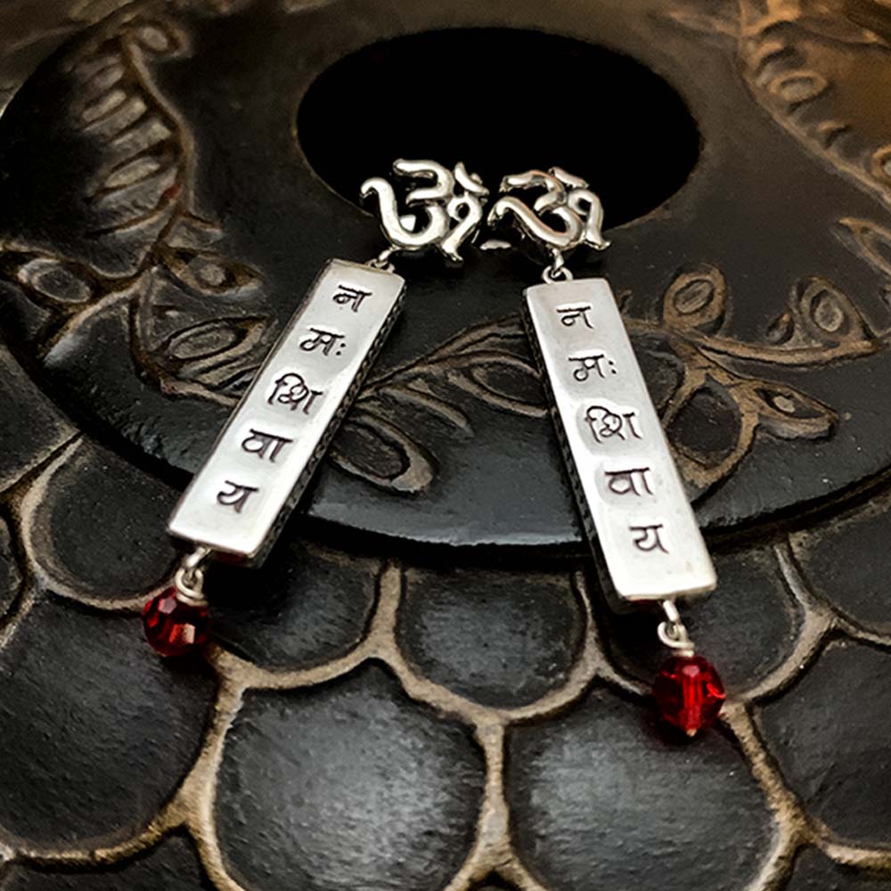 Om Namah Shivaya Silver Bar Earrings
