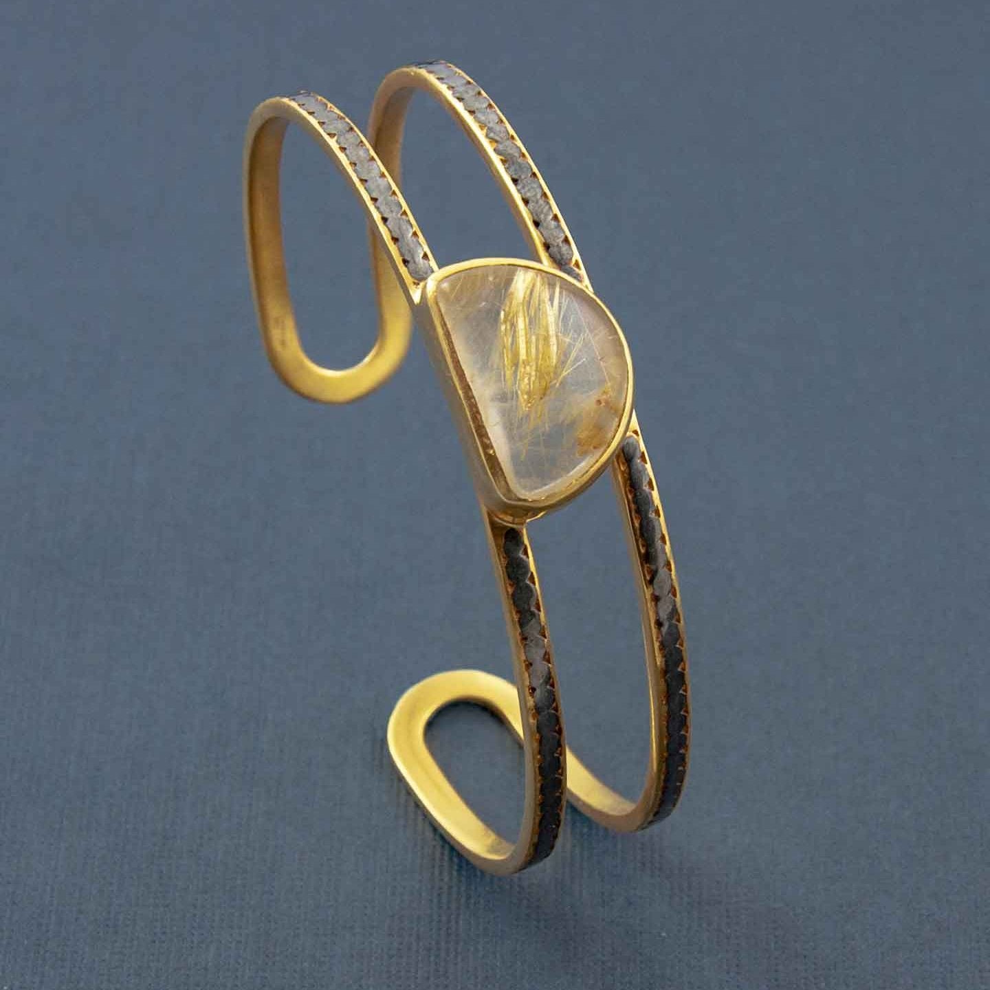 Araiya Elegance Gold-Plated Silver Rutile Quartz Cuff Bangle