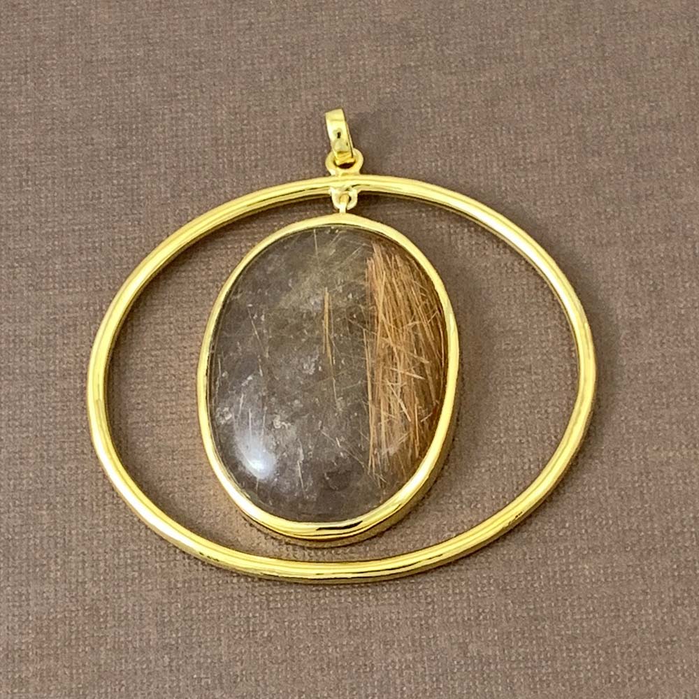 55 Carat Araiya Gold-Plated Silver Rutile Quartz Oval Gemstone Pendant