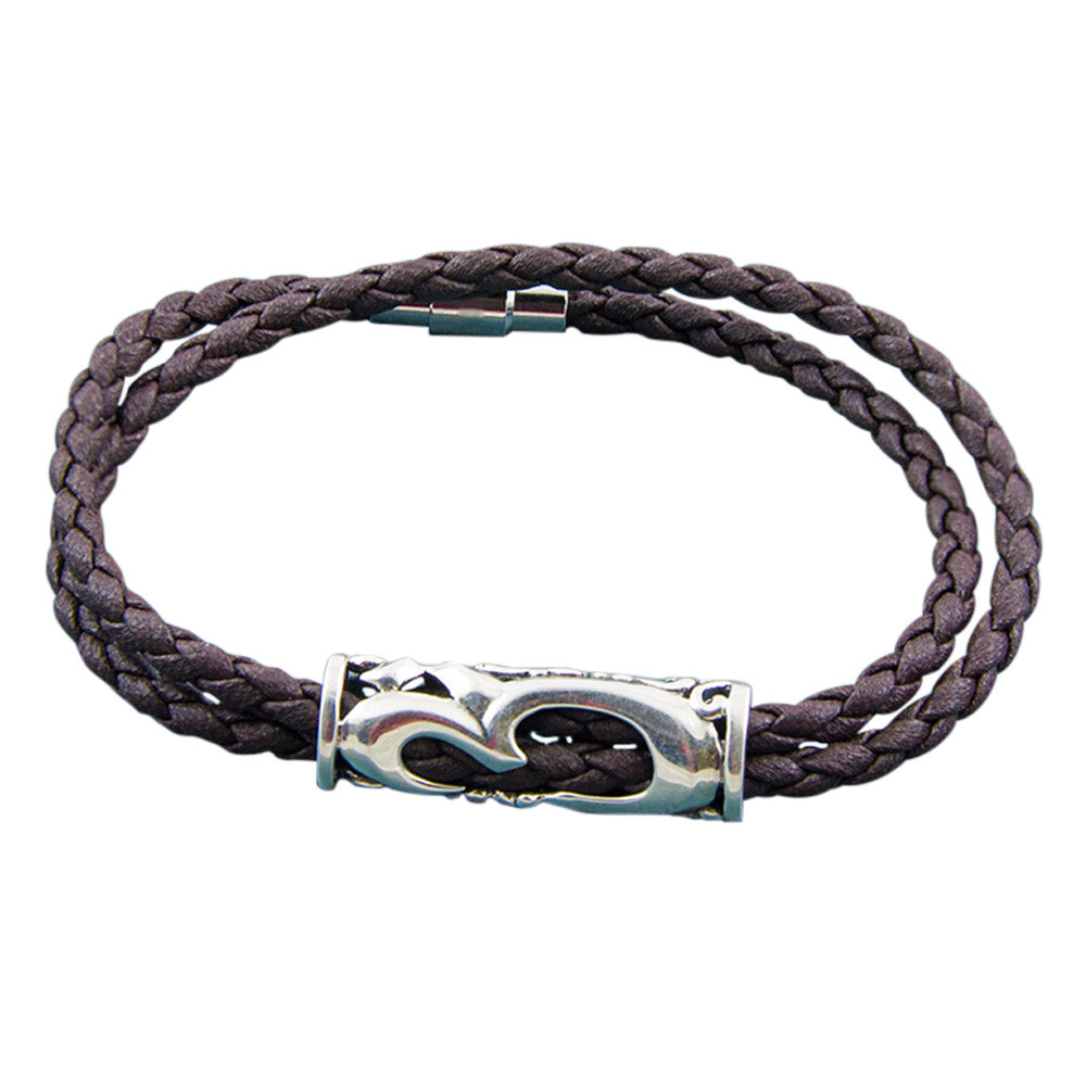 Artistic Om Silver Pendant with Double Wrap Faux Leather Braided Bracelet