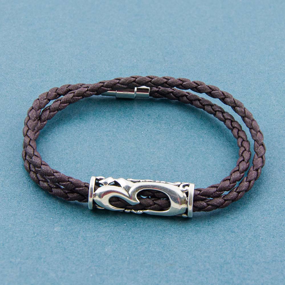 Artistic Om Silver Pendant with Double Wrap Faux Leather Braided Bracelet