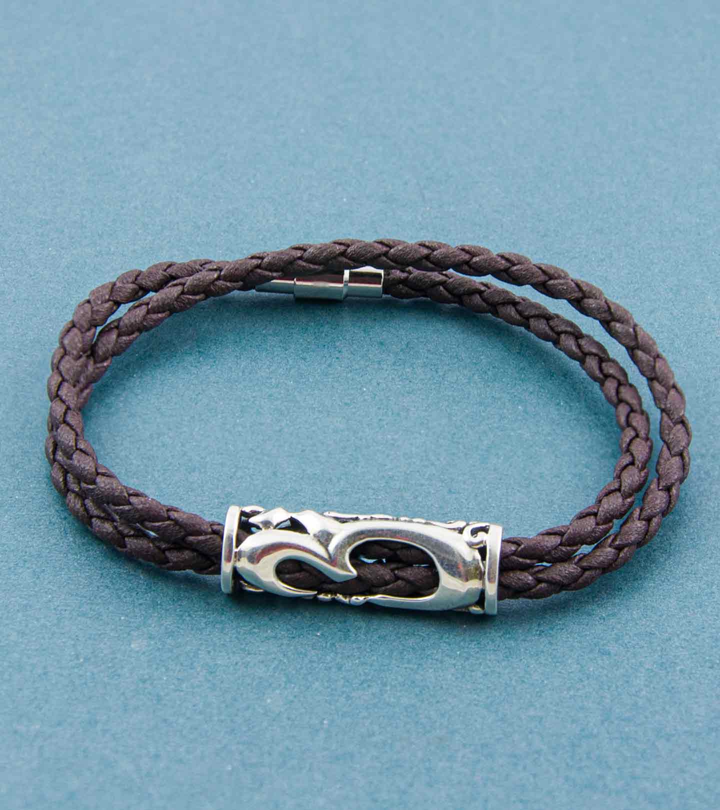 Artistic Om Silver Pendant with Double Wrap Faux Leather Braided Bracelet