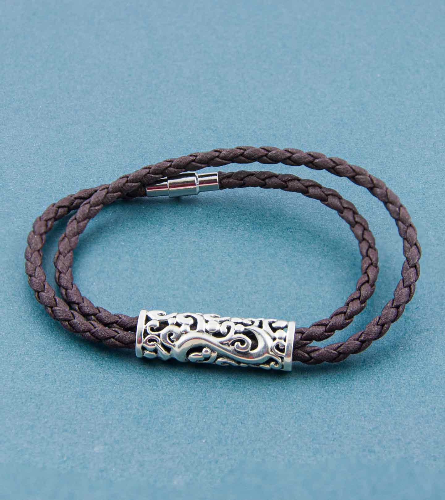 Artistic Om Silver Pendant with Double Wrap Faux Leather Braided Bracelet