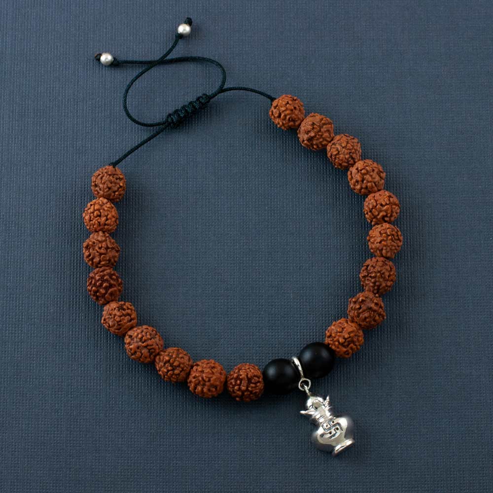 Kalash Silver Charm Rudraksh Rakhi Adjustable Bracelet