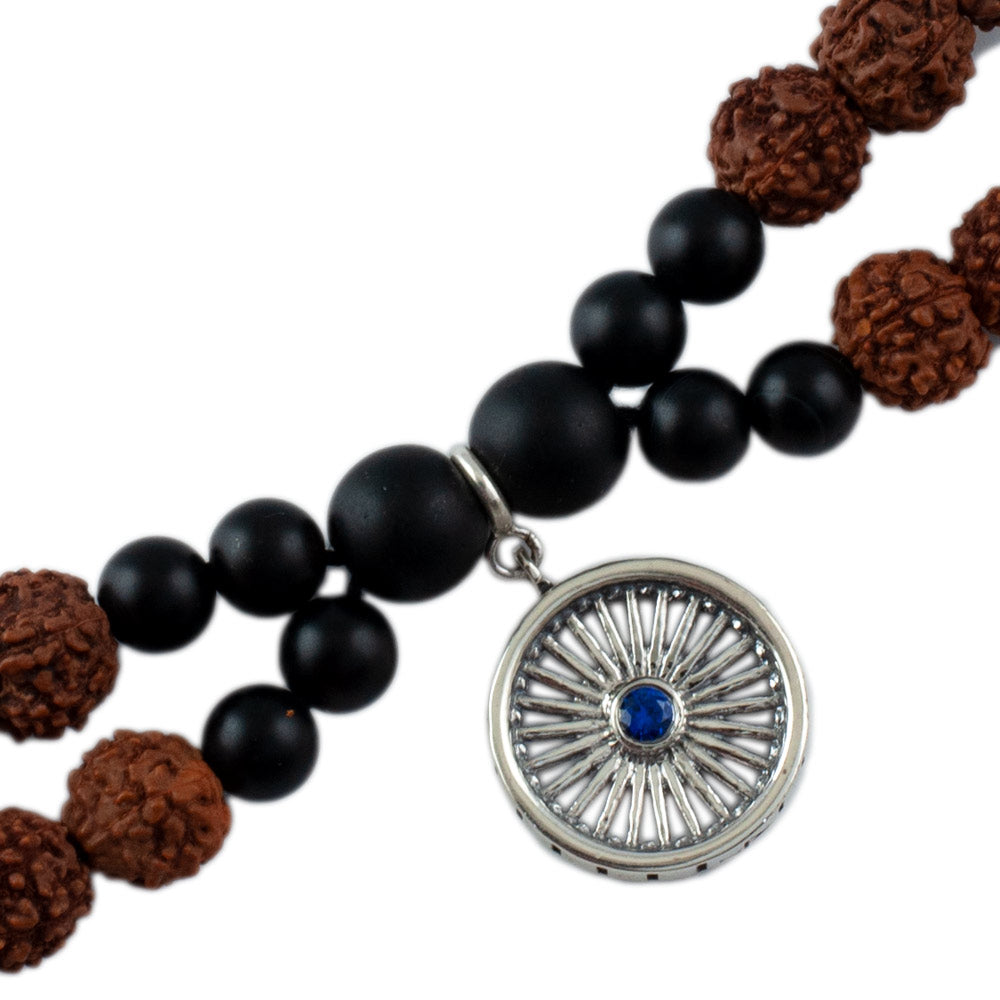 Ashok Chakra Wheel of Progress Silver Charm Rudraksh Rakhi Adjustable Bracelet