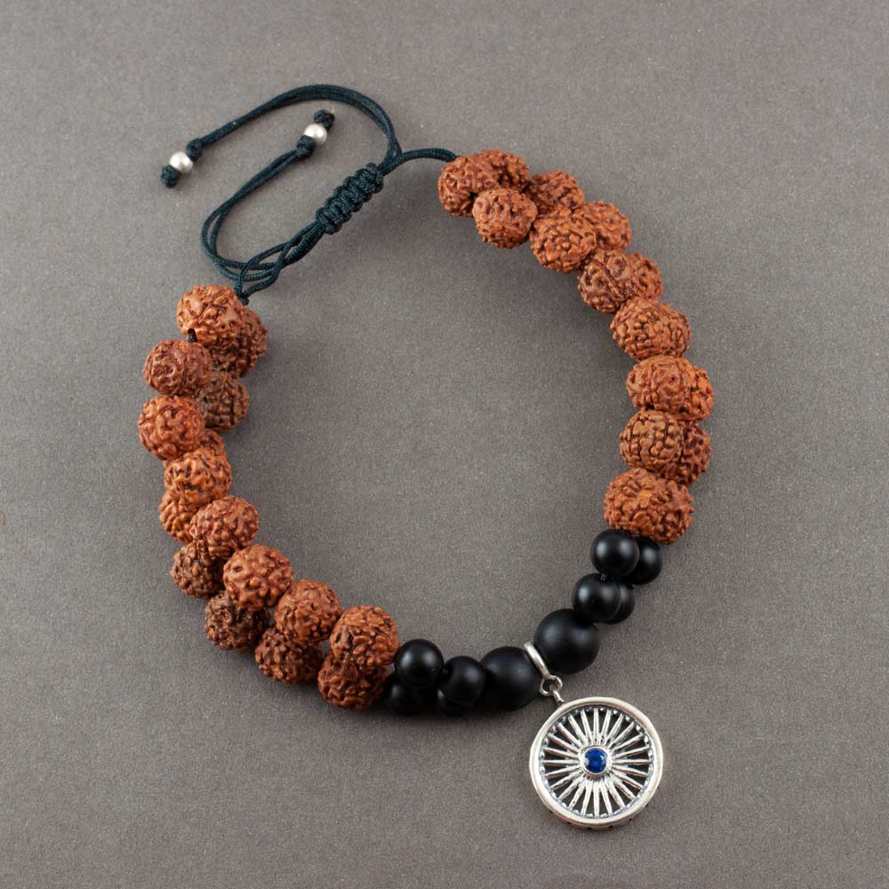 Ashok Chakra Wheel of Progress Silver Charm Rudraksh Rakhi Adjustable Bracelet