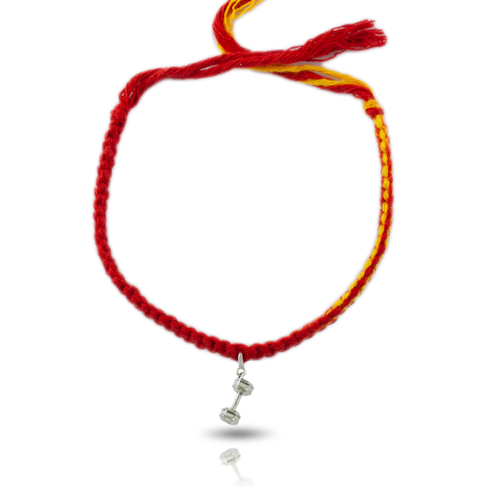 Pump It Up Dumbell Silver Charm Moli Rakhi Bracelet