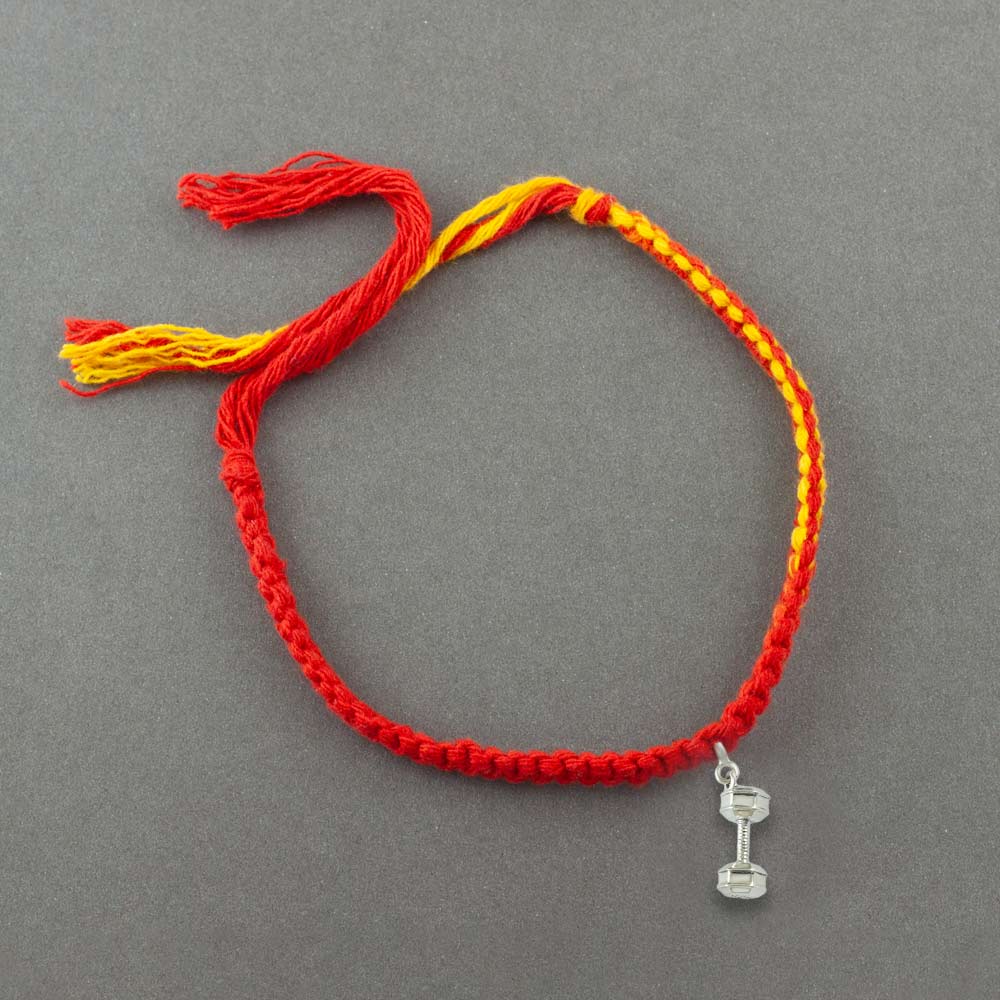 Pump It Up Dumbell Silver Charm Moli Rakhi Bracelet