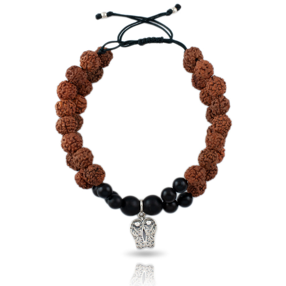 Charan Paduka Silver Charm Rudraksh Rakhi Adjustable Bracelet