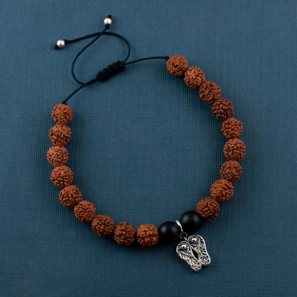 Charan Paduka Silver Charm Rudraksh Rakhi Adjustable Bracelet