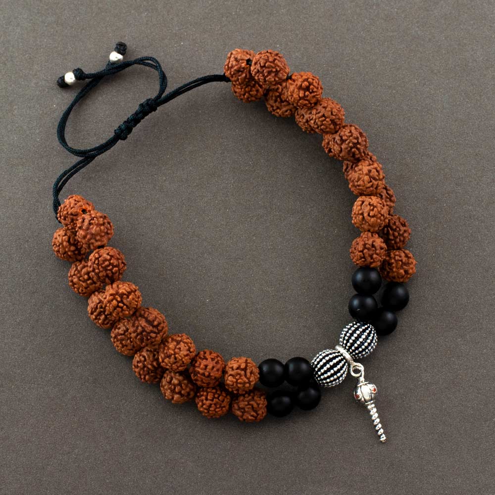 Sashakta Hanumanji Gada Silver Charm Rudraksh Rakhi Adjustable Bracelet
