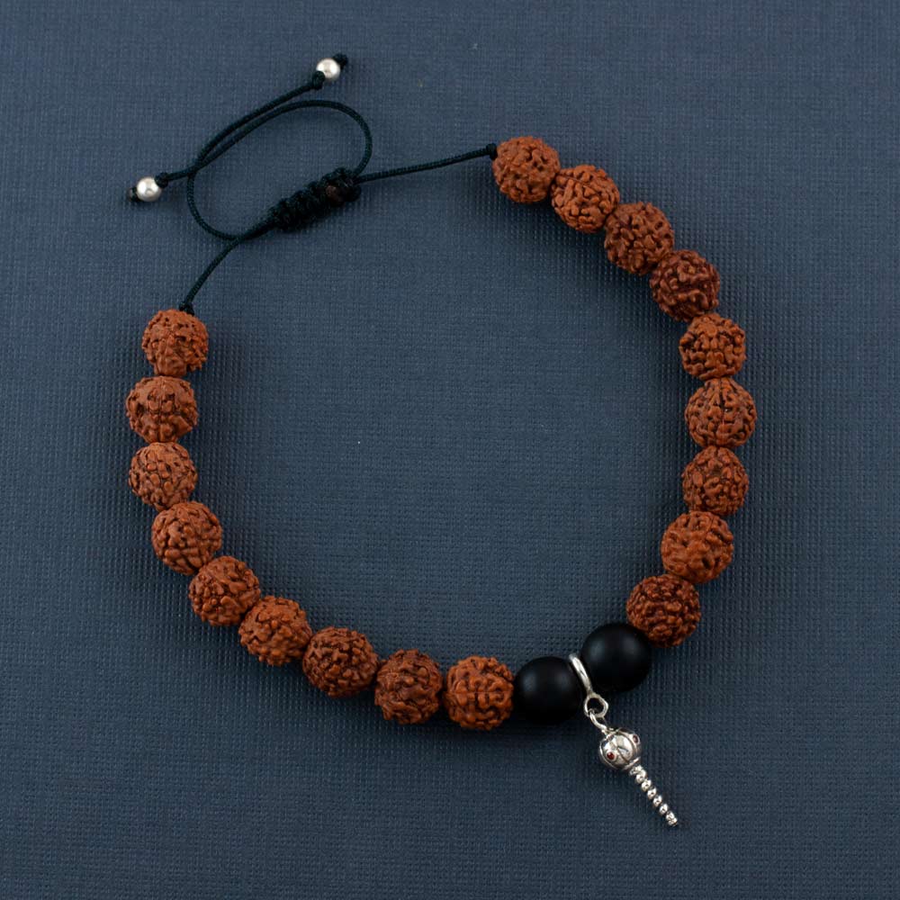 Sashakta Hanumanji Gada Silver Charm Rudraksh Rakhi Adjustable Bracelet