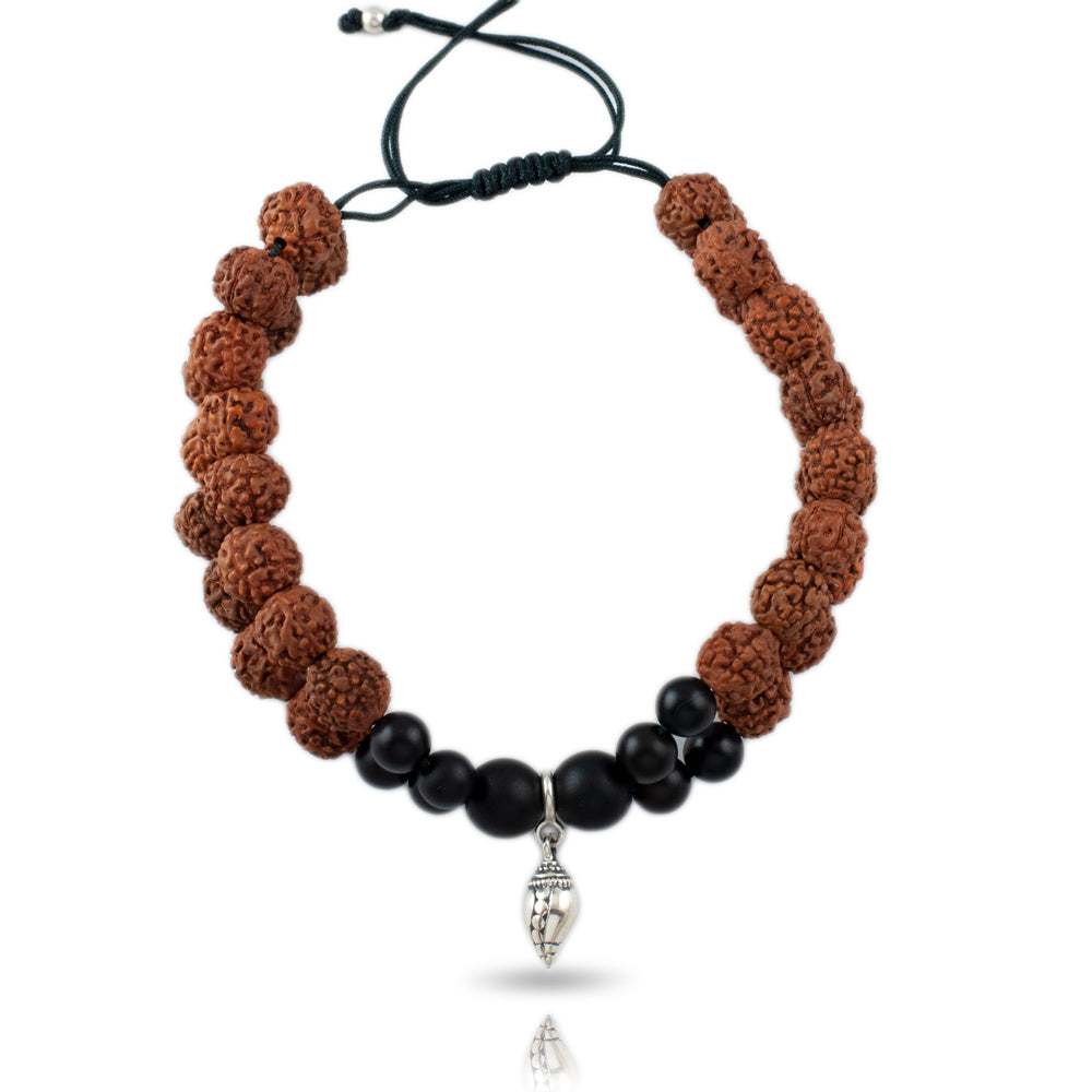 Sacred Shankh Silver Charm Rudraksh Rakhi Adjustable Bracelet
