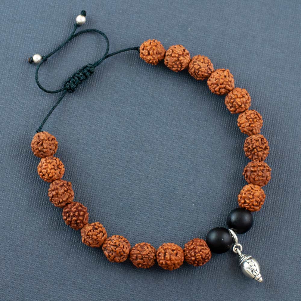 Sacred Shankh Silver Charm Rudraksh Rakhi Adjustable Bracelet