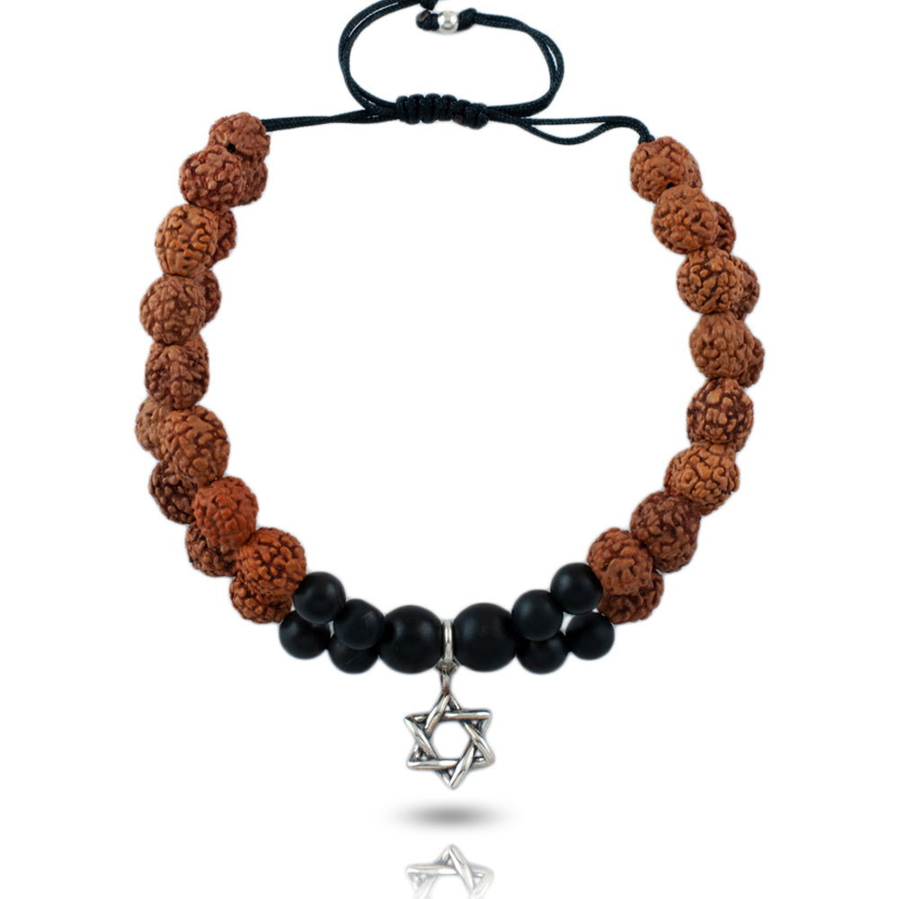 Star of David Silver Charm Rudraksh Rakhi Adjustable Bracelet