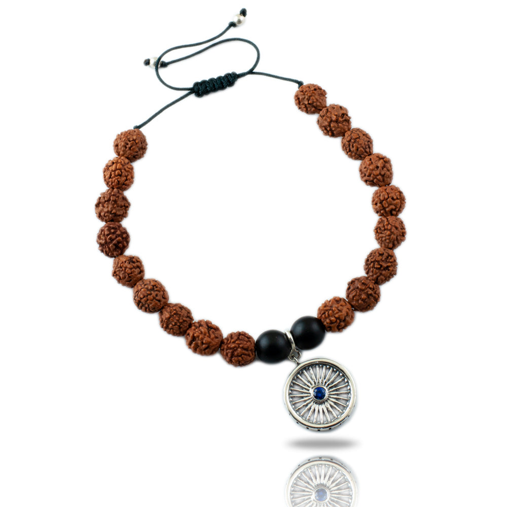 Ashok Chakra Wheel of Progress Silver Charm Rudraksh Rakhi Adjustable Bracelet