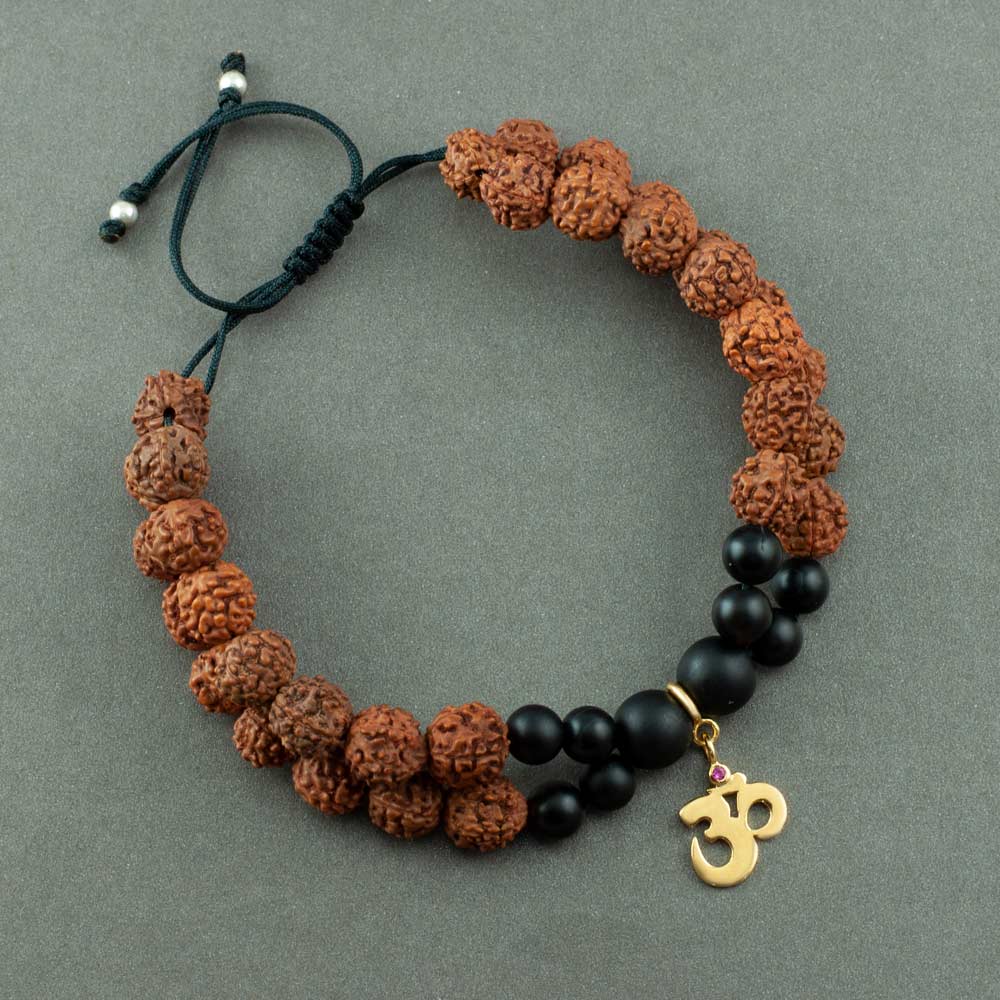 Om Gold-Plated Silver Charm Rudraksh Rakhi Adjustable Bracelet