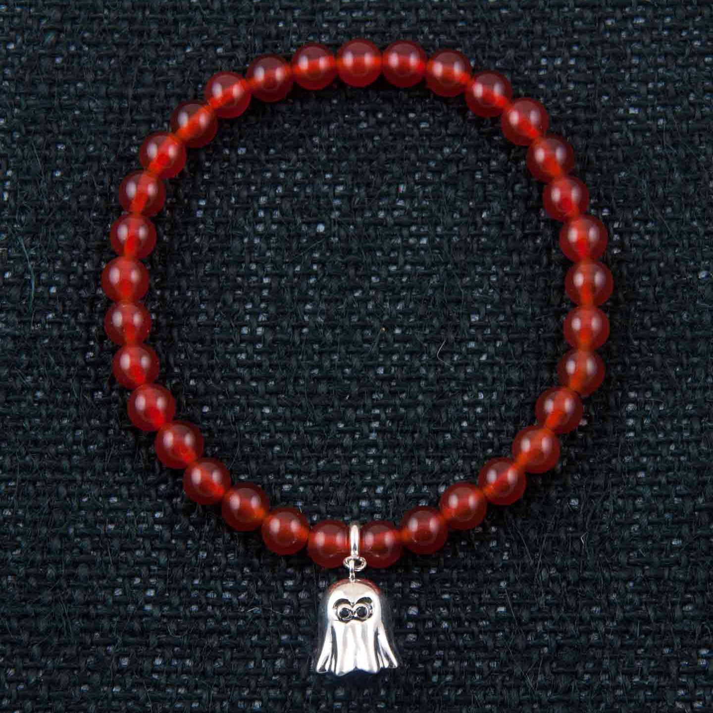 Boo! Silver Charm with Red Onyx Elastic Bead Bracelet