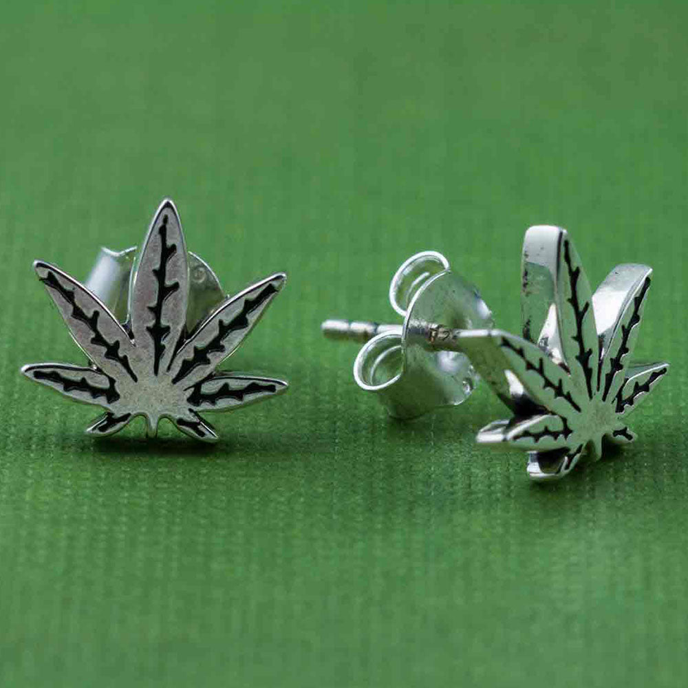 Cannabis Leaf Stud Silver Earrings
