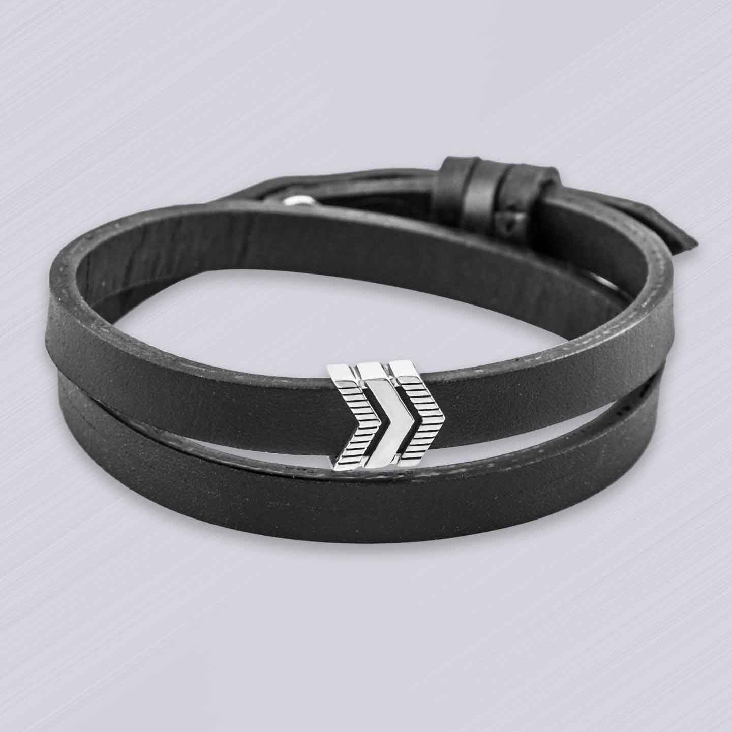 Create Your Own Path Silver Story Bead with Double Wrap Black Leather Band Bracelet