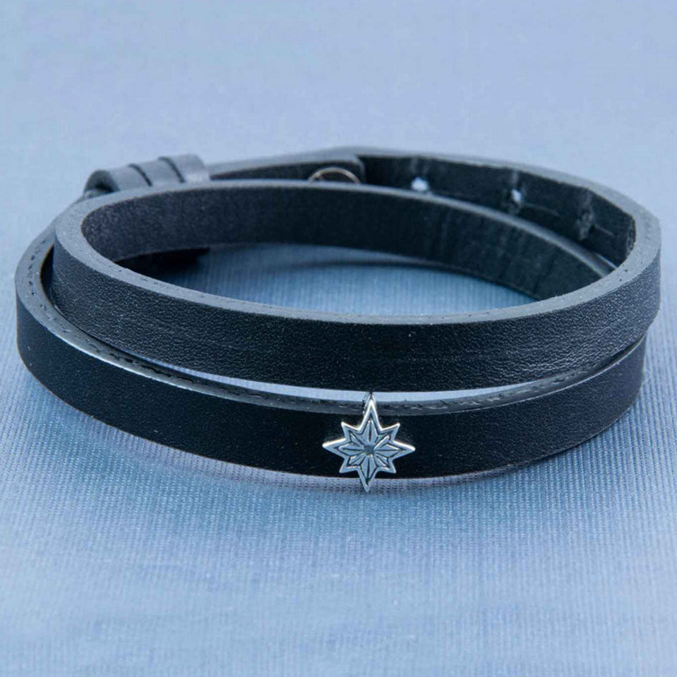Super Star Silver Story Bead on Double Wrap Black Leather Band Bracelet