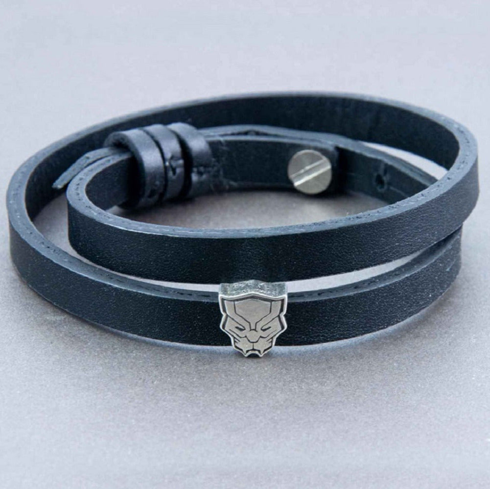 Panther Mask Silver Story Bead on Double Wrap Black Leather Band Bracelet