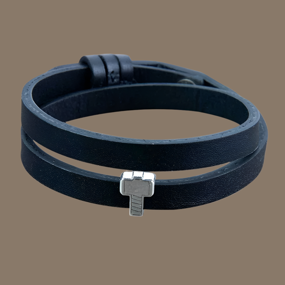 Super Hero Hammer Silver Story Bead on Double Wrap Black Leather Band Bracelet