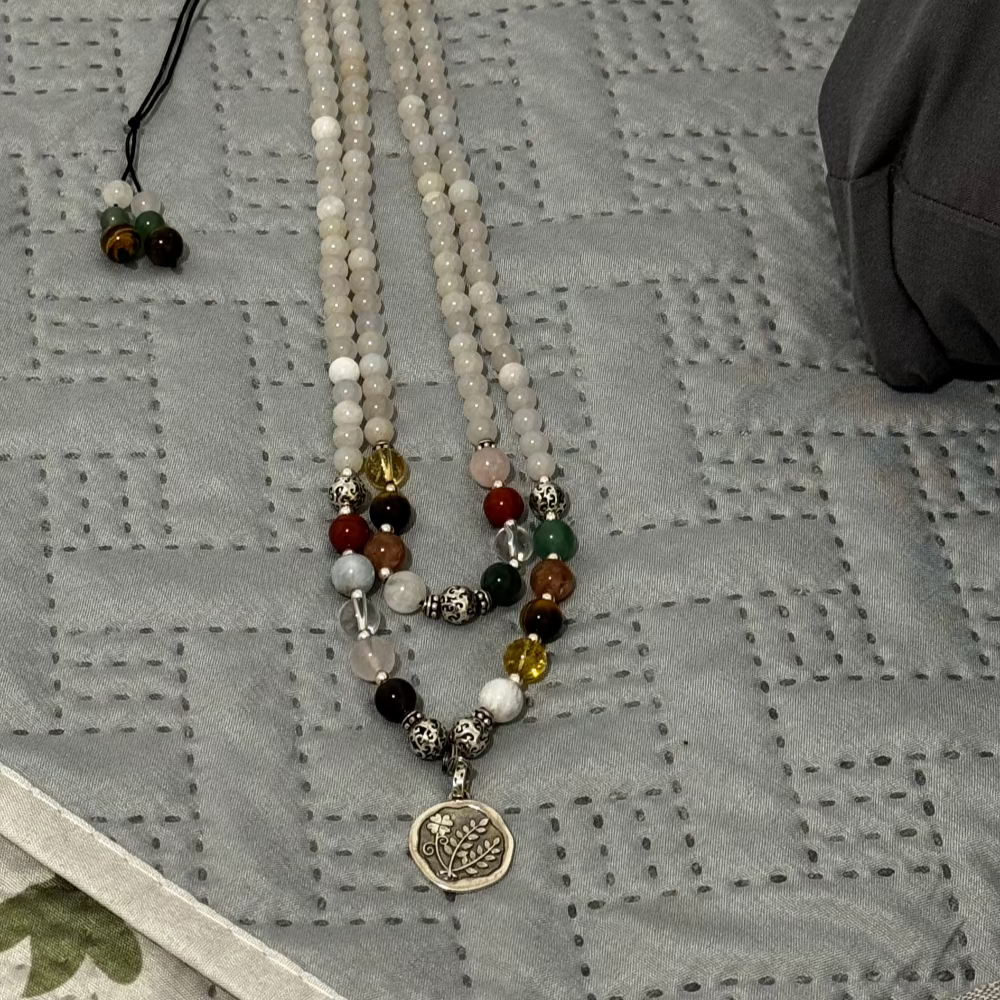 Double Layer Semi Precious Bead Adjustable Necklace with Bouquet of Good Luck Silver Pendant