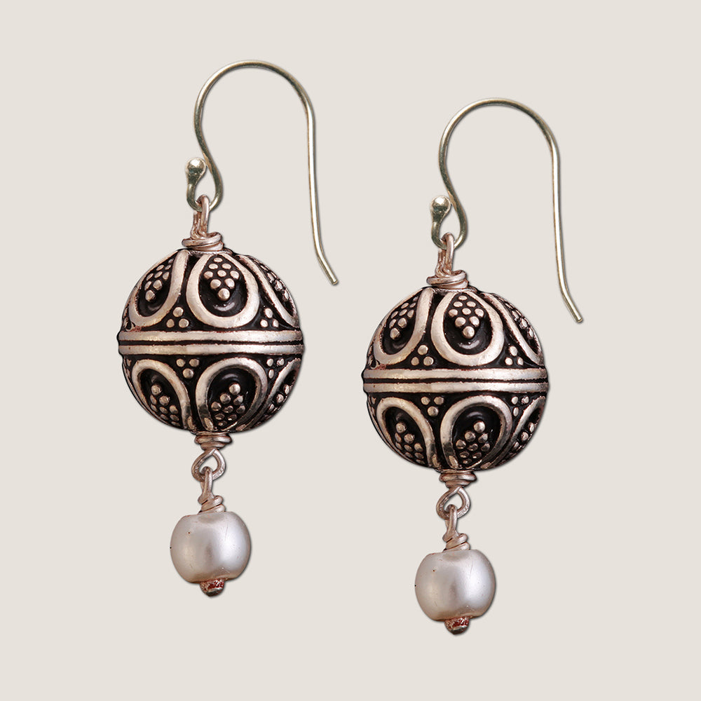 Pearl Art Bead Silver Earrings