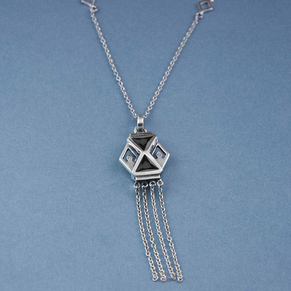 Kandeel Long Silver Necklace in Black - 30