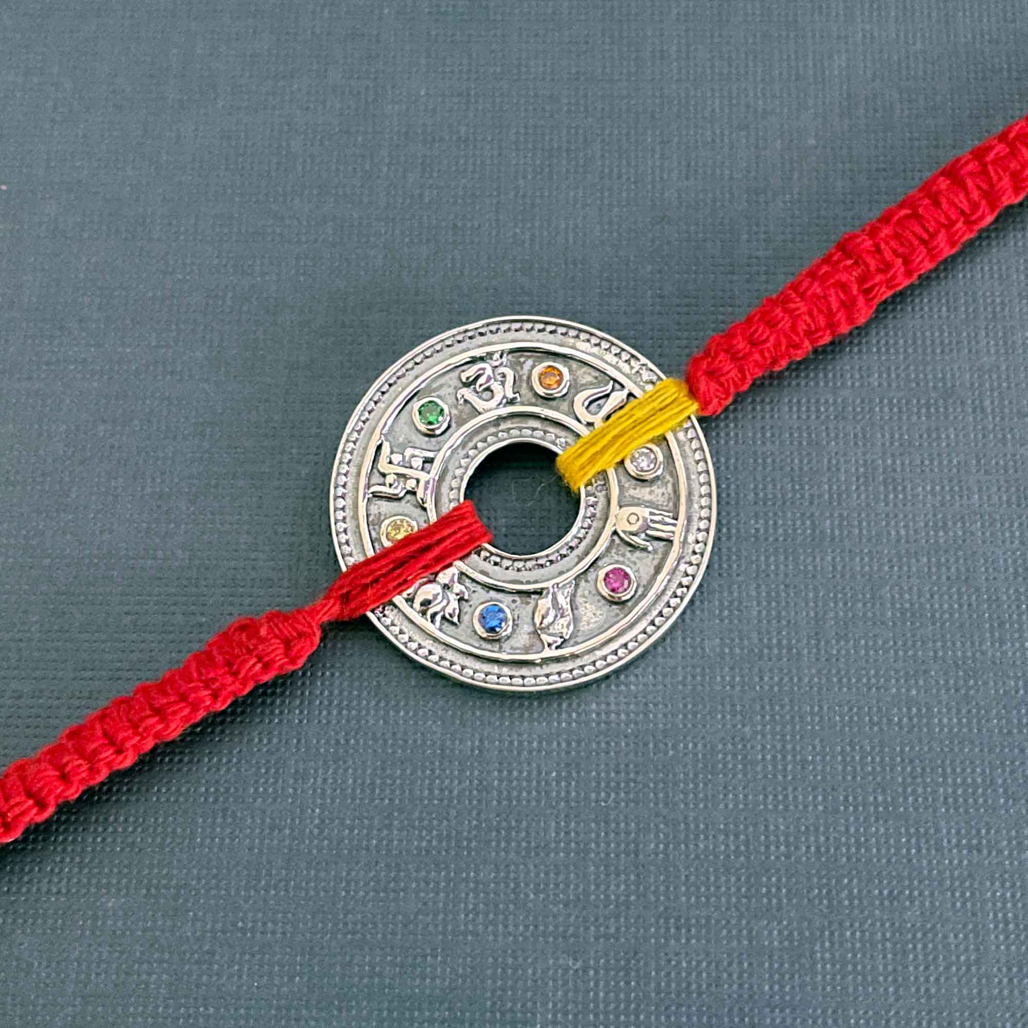 Five Blessings Silver Floating Pendant with Wrap Around Moli Rakhi Bracelet