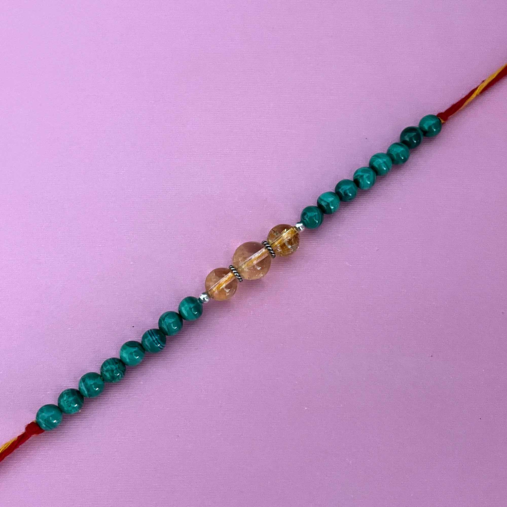 Flourish & Growth Healing Gemstone Moli Rakhi Bracelet with Citrine, Malachite and Silver