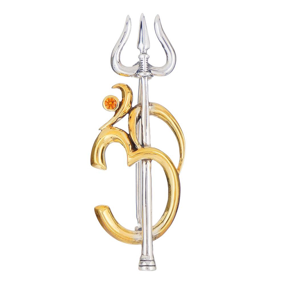 Fourseven Gold-Plated Silver Om Trishul Dwishakti Brooch BR-49-SP-SG White-BG-Image