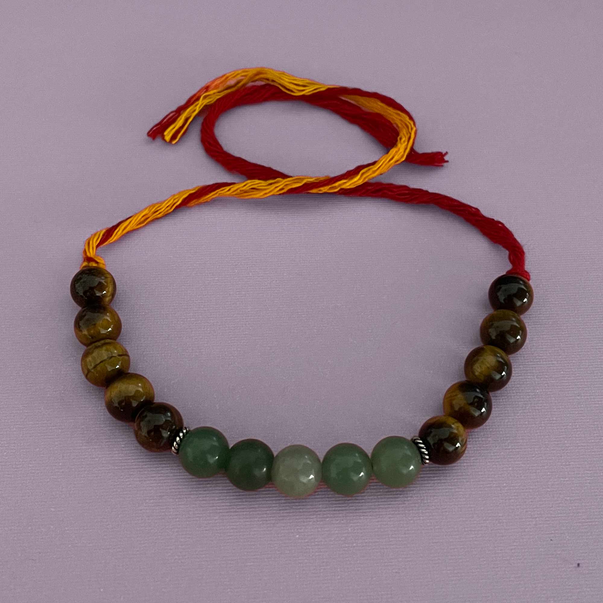 Inner Harmony Healing Gemstone Moli Rakhi Bracelet with Green Aventurine, Tiger's Eye and Silver