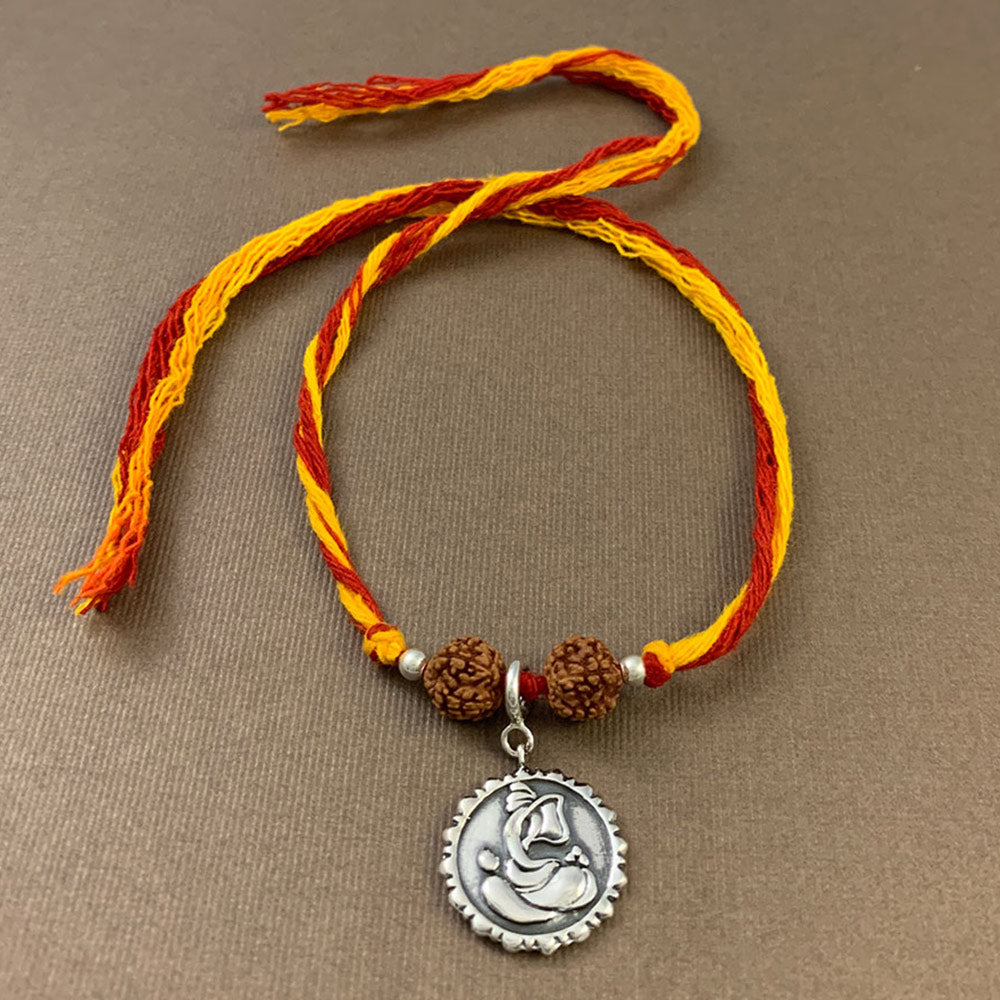 Lakshmi & Ganesh Ji Coin Silver Charm Moli Rakhi Bracelet