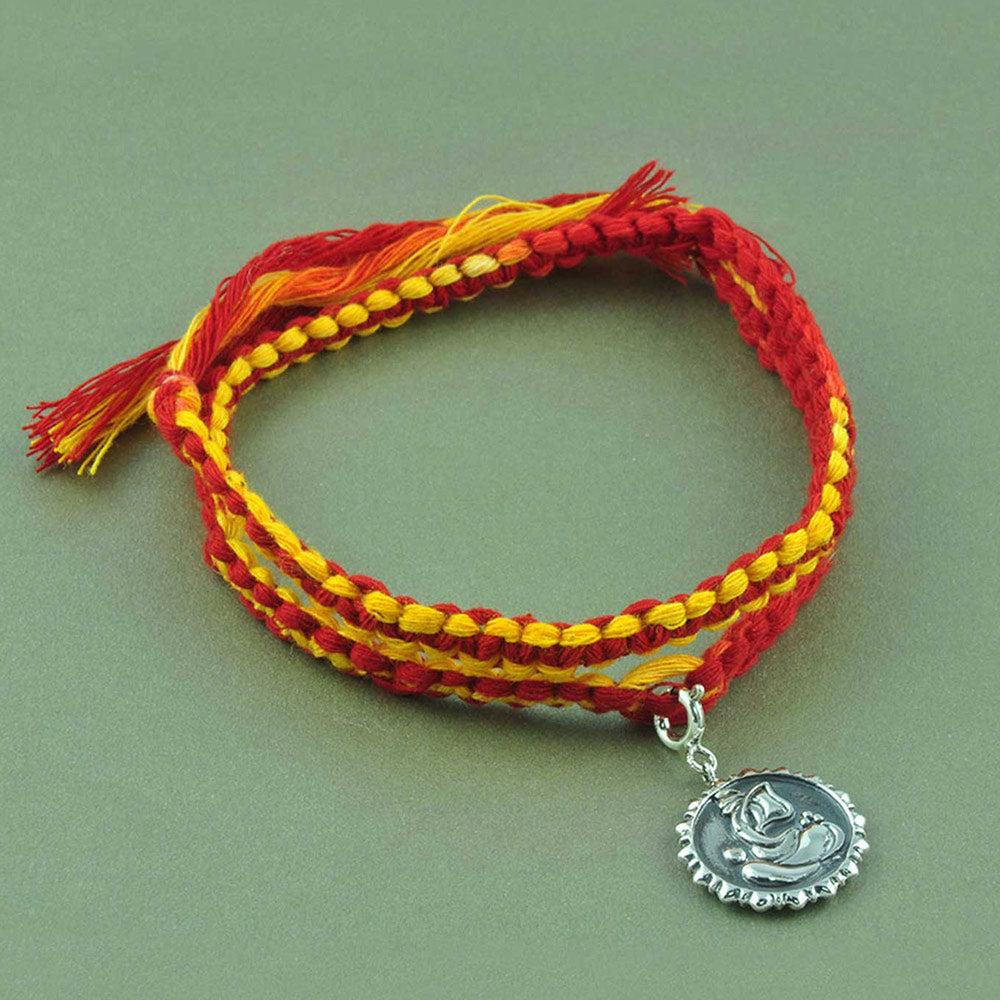 Lakshmi & Ganesh Ji Coin Silver Charm Moli Rakhi Bracelet