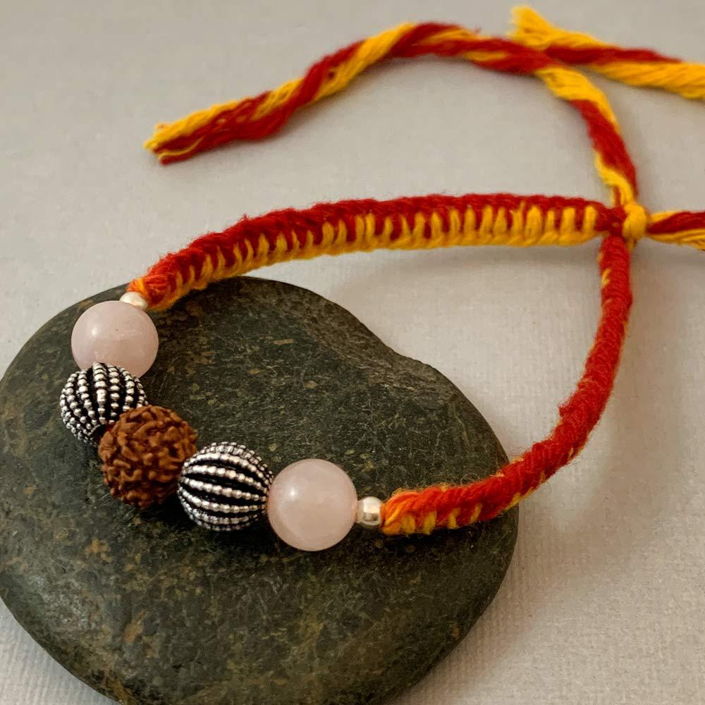 Fourseven Love & Confidence Healing Gemstone Rakhi with Rose Quartz , Silver and Rudraksha B-0311-SP-S-RQ Base-Image