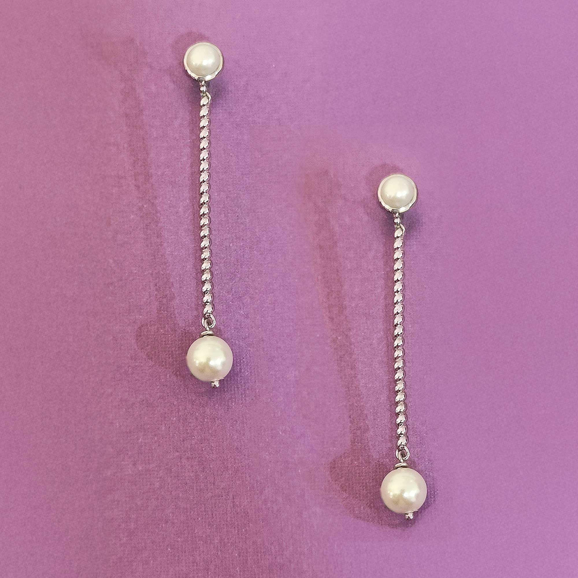 Pearl Pillar Stud Drop Silver Earrings