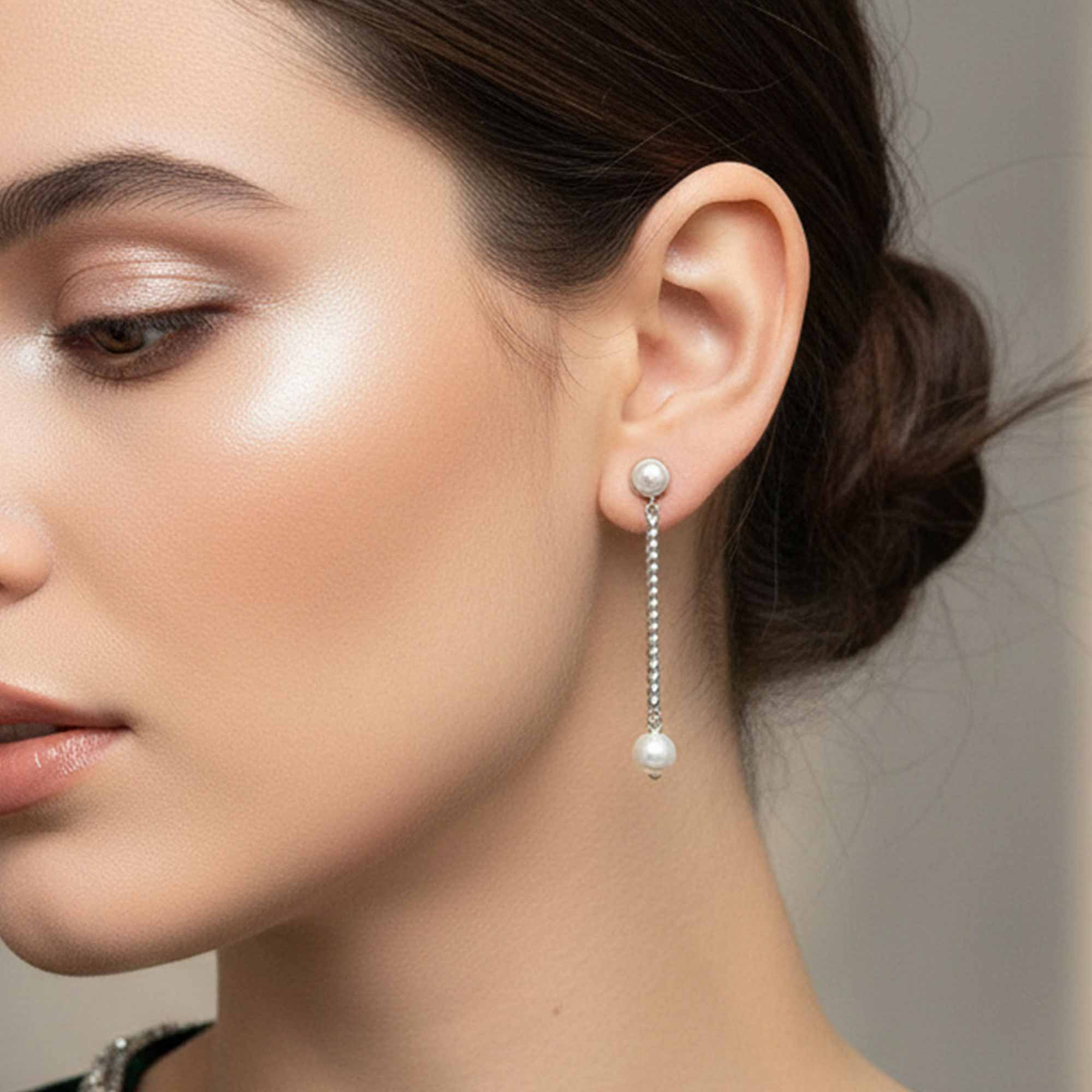 Pearl Pillar Stud Drop Silver Earrings