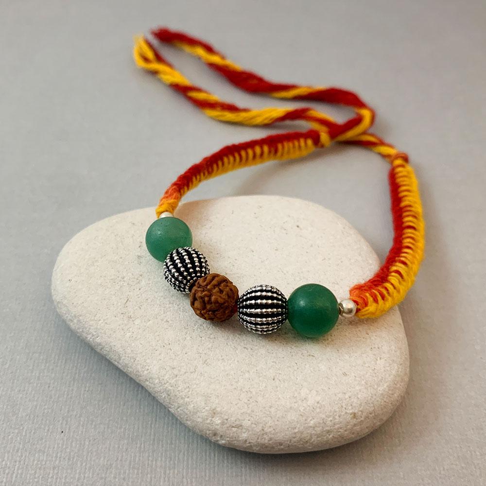 Fourseven Prosperity & Well-Being Healing Gemstone Rakhi with Green Aventurine, Silver and Rudraksha B-0311-SP-S-AVENT Base-Image