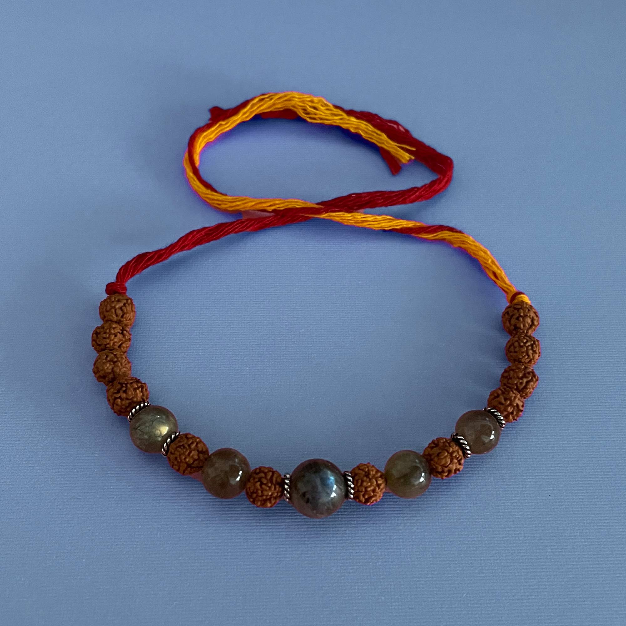 Self Discovery Healing Gemstone Moli Rakhi Bracelet with Labradorite, Silver and Rudraksha