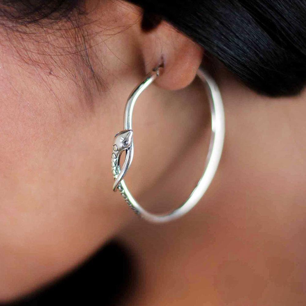 Serpentine Snake Hoop Silver Earrings