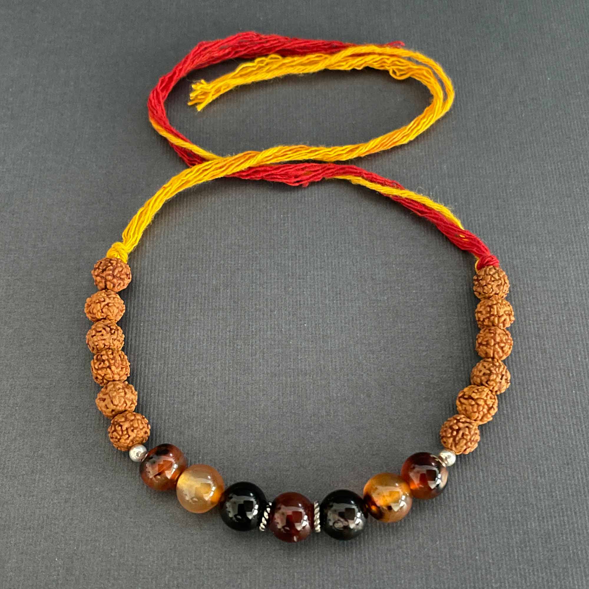 Vitality & Good Energy Healing Gemstone Moli Rakhi Bracelet with Multi Onyx, Rudraksha and Silver