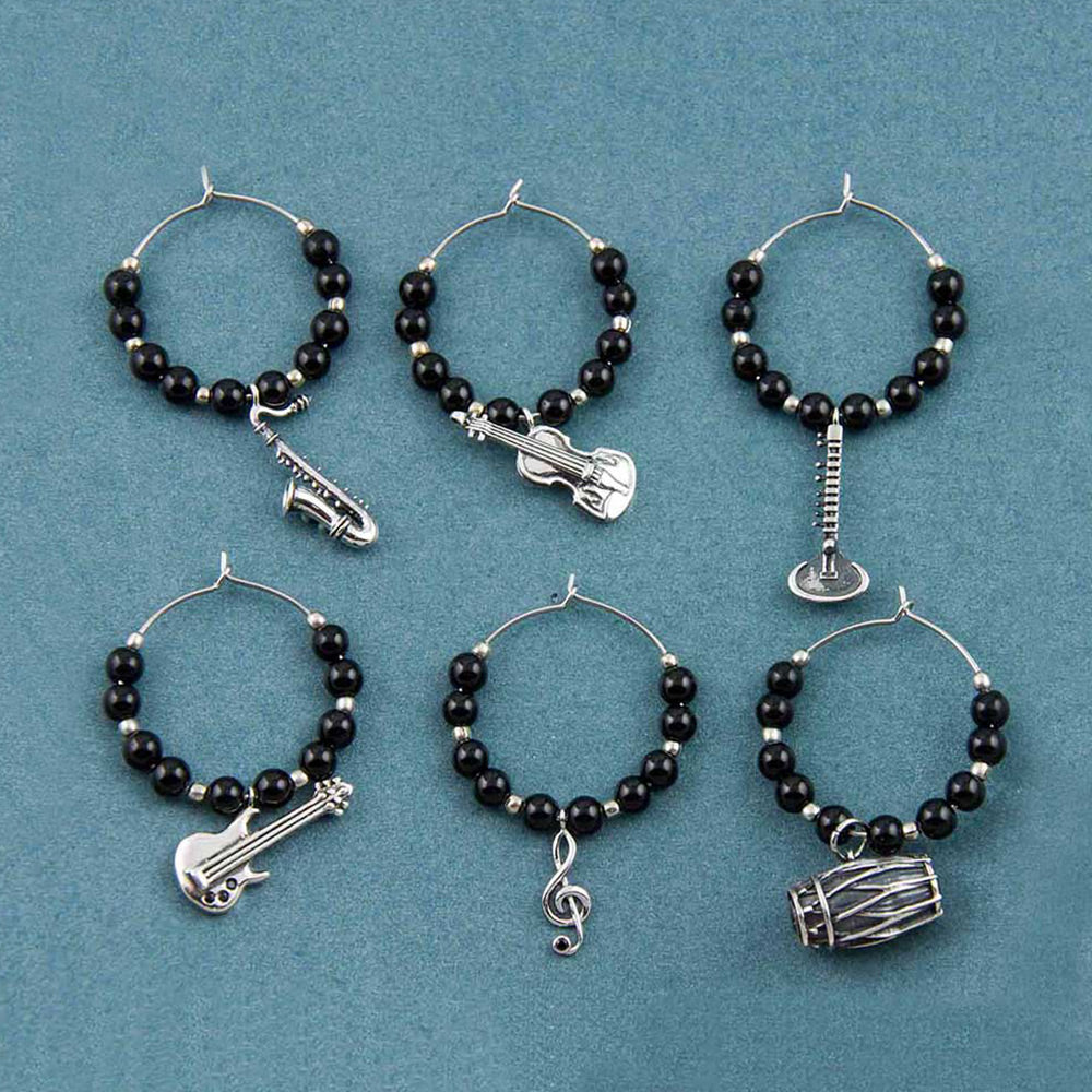 Music Masala Silver Wineglass Charms Set in Black Onyx