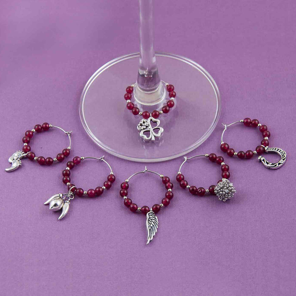 Good Luck Silver Wineglass Charms Set in Pink Jade