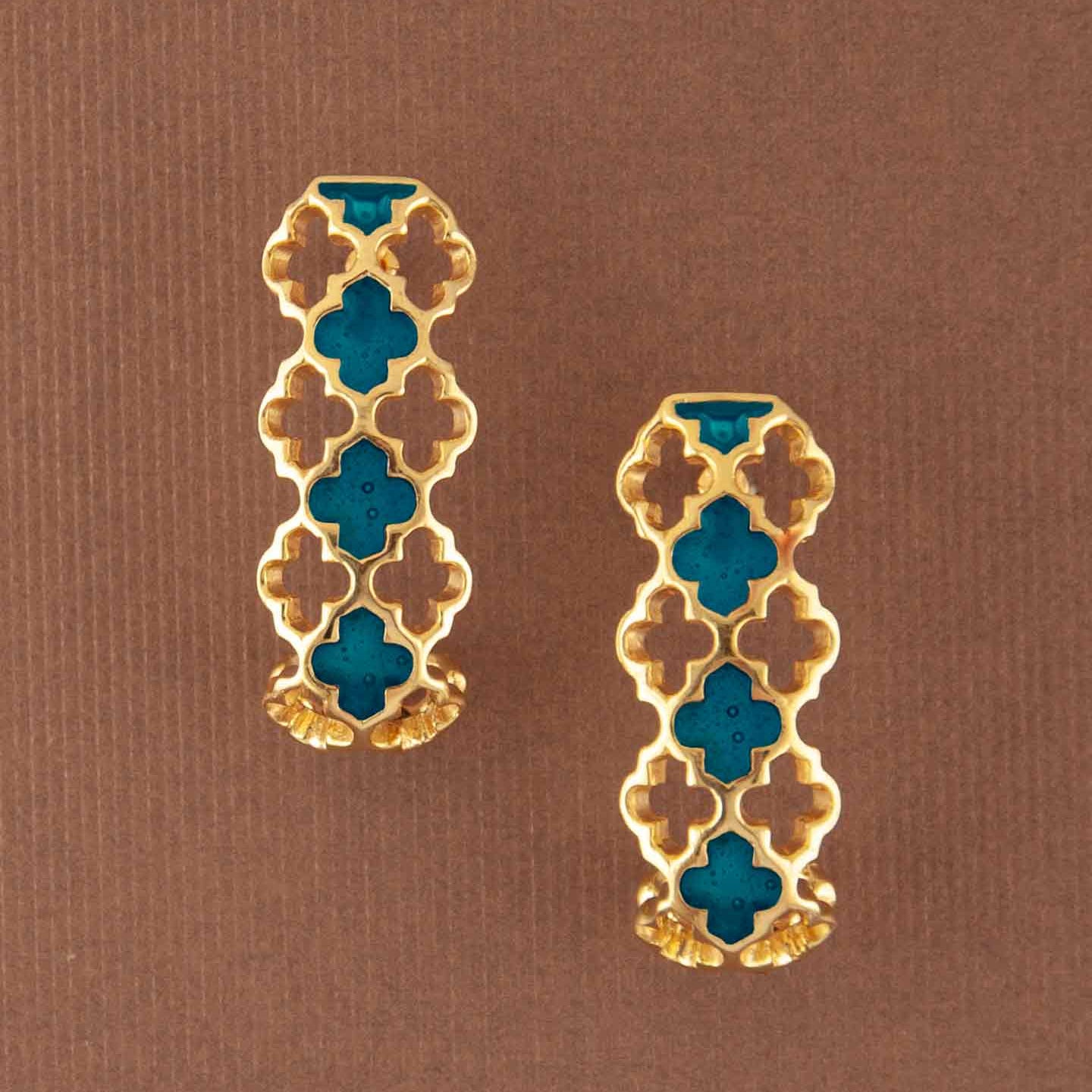 Lattice Gold-Plated Silver Half Hoop Earrings in Turquoise