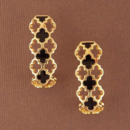 Lattice Gold-Plated Silver Half Hoop Earrings in Black