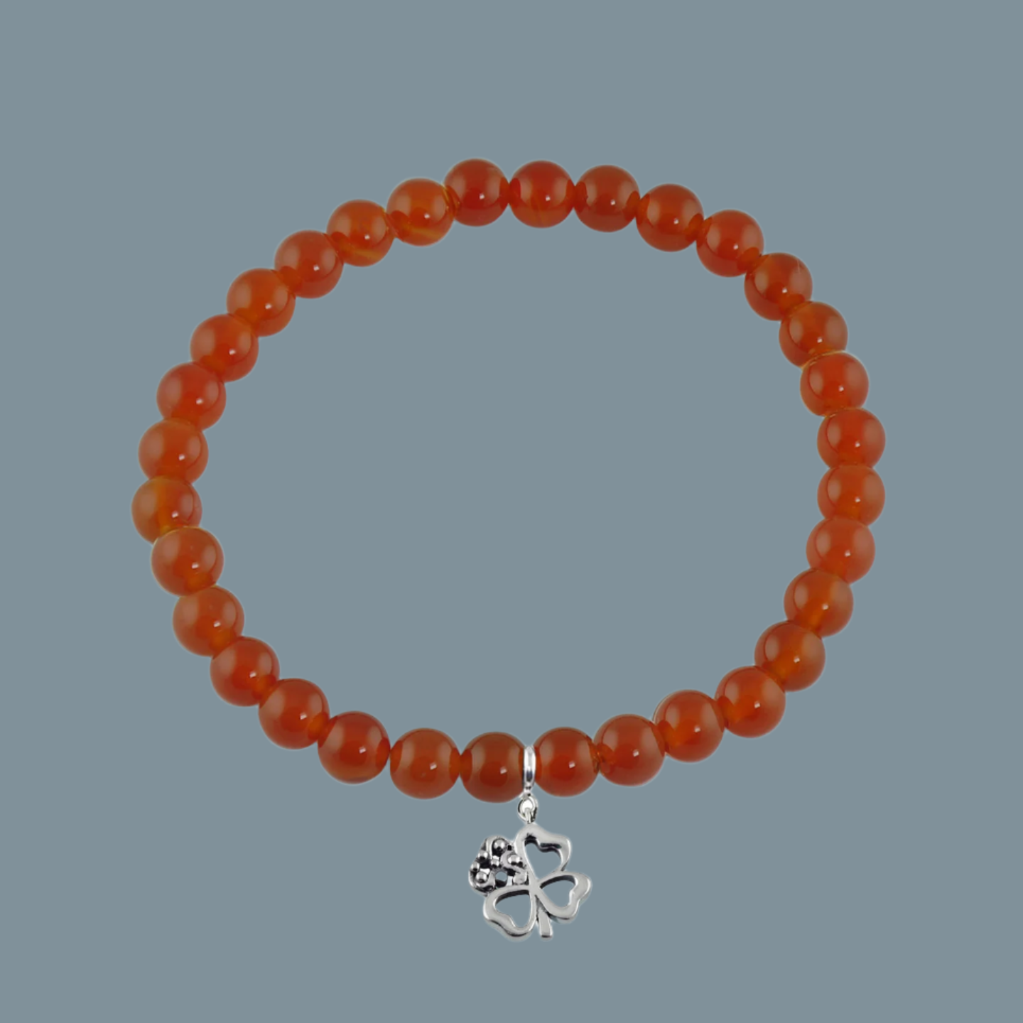 Good Luck Clover Silver Charm with Red Onyx Elastic Bead Bracelet
