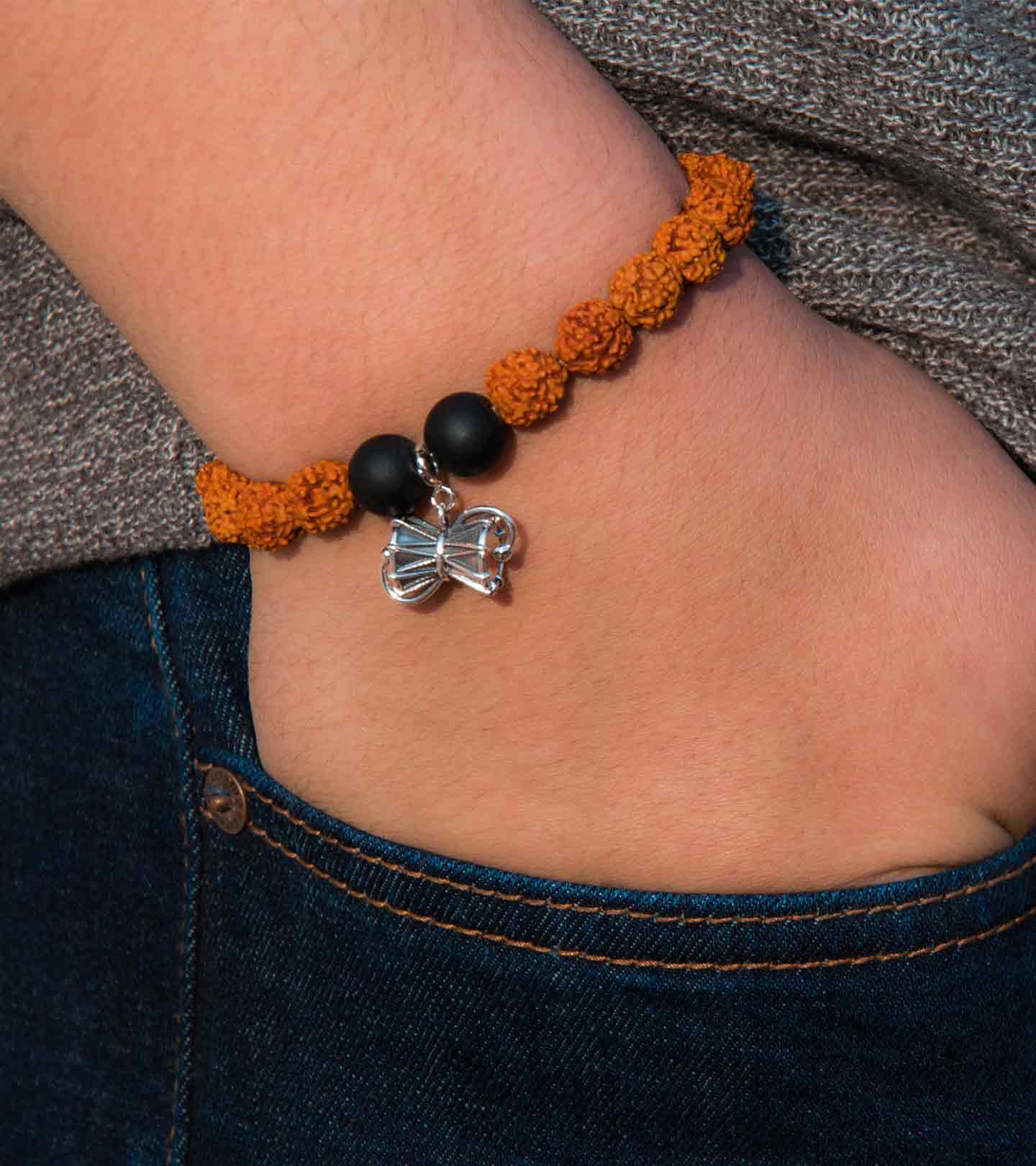 Large Damru Silver Charm Rudraksh Rakhi Adjustable Bracelet