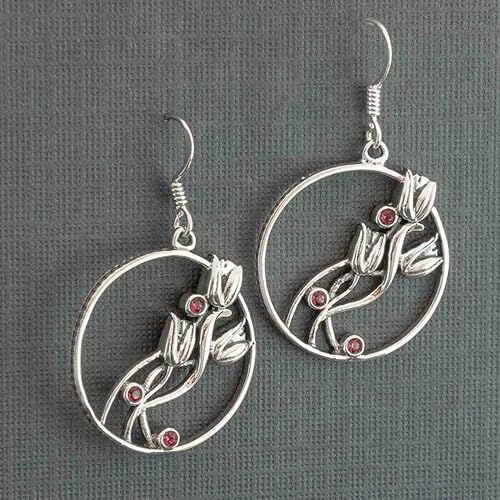 Les Fleurs Tulips Dangler Silver Earrings with Swarovski Crystals